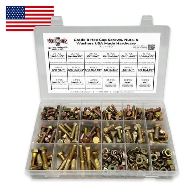 Boltsandnuts.Com Inch Grade 8 Hex Cap Screws, Nuts, Flat & Lock Washers Zinc Yellow USA Made Hardware - 380 PCS Assortment Kit #480 - main